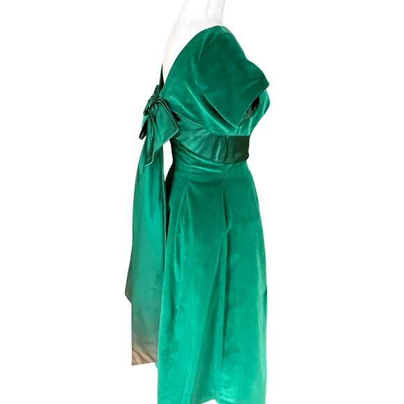 Vtg 1950s Kay Selig Emerald Green Velvet Evening Tea Length Dress Satin Bow Back - Picture 9 of 14